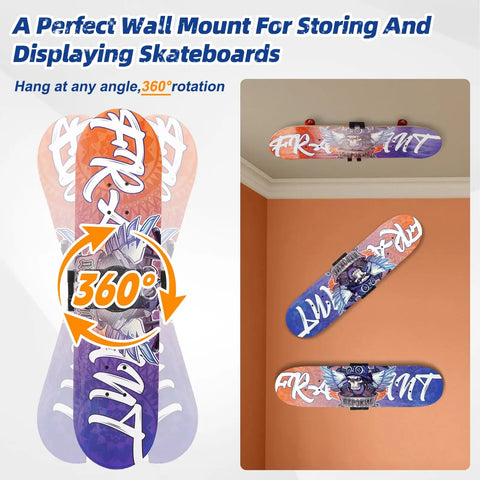 Skateboard Deck Wall Mount 360-Degree Rotating Hanger Extending Floating Display Rack for Quick Grab in room setting.