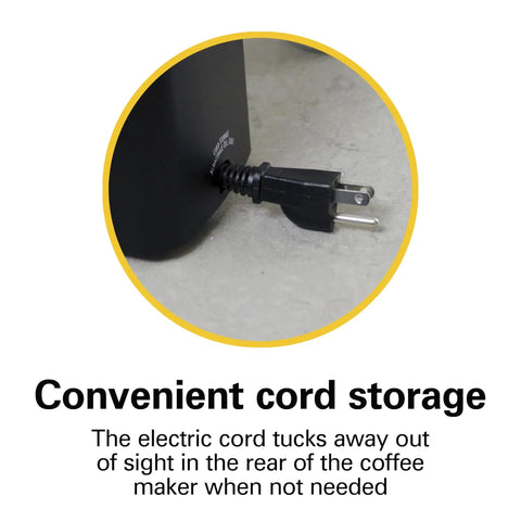 Close-up of compact 1 cup coffee maker for office use showing the cord storage feature.