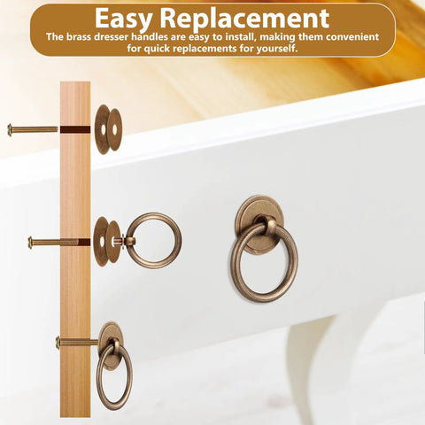 Vintage Brass Drawer Pulls 4 Pack Ring Handles With Screws For Dresser Cabinets And Furniture Hardware Retro Bronze Finish Stylish Cabinet Knobs For Home Improvement, installation view