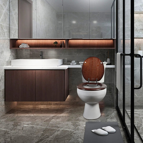 Durable Wood Veneer Toilet Seat With Metal Hinge, Easy Clean And Anti Scratch, Round Size In Dark Walnut Finish in bathroom setting
