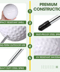 Diagram of Four Pack Plastic Golf Tee Markers For Golf Course showing impact-resistant shell and rust-proof steel spike design.