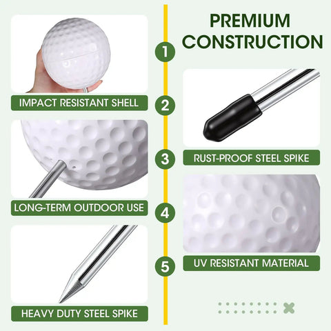 Diagram of Four Pack Plastic Golf Tee Markers For Golf Course showing impact-resistant shell and rust-proof steel spike design.