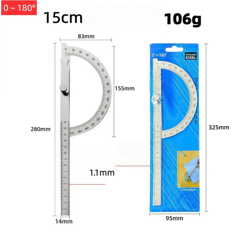 Heavy Duty Stainless Steel Angle Protractor Dead On Accuracy 0 To 180 Degrees Round Head Bevel Gauge shown on packaging.