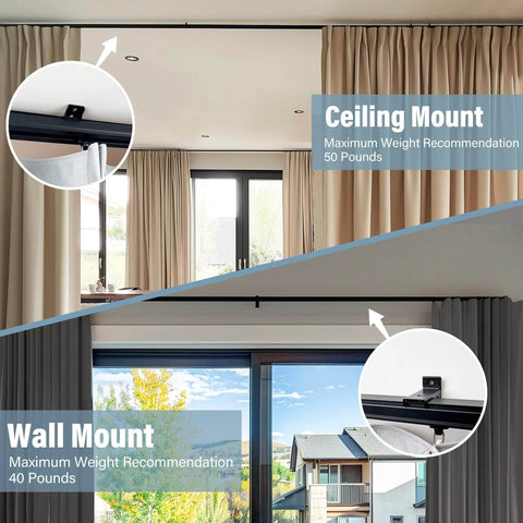 Heavy Duty Ceiling Curtain Track System For 6 To 9 Ft, Aluminum Sliding Rails With Wall Mount, installed above windows