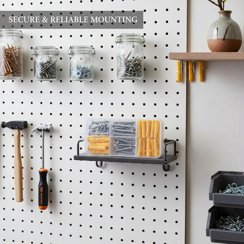Hollow Wall Anchors And Stainless Steel Screws Kit For Drywall Mounting on a pegboard with storage jars, tools, and shelves.