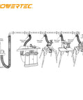 Diagram of All In One Two And A Half Inch Dust Collection Fittings Network with blast gates and pipes in workshop setting.