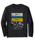 Cool Black Long Sleeve T-Shirt For Machinist Guys With Awesome Vise Gauge Square CNC Tool Party Gift Design And Double Stitch Hems featuring machinery graphics.