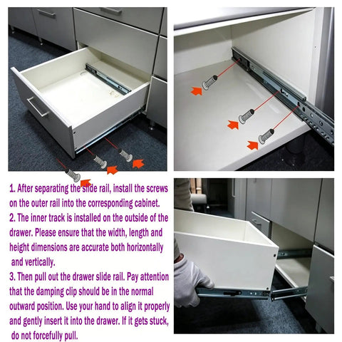 12 Inch Heavy Duty Drawer Slides With Soft Close For Smooth Quiet Glide, Easy Install, Full Extension, Built Tough Rolled Edge Reinforcement, Fits Cabinets and Furniture Drawers, Chrome Finish installed in white cabinet drawer