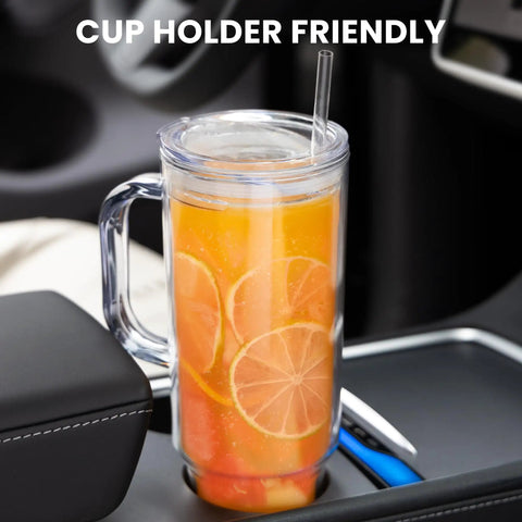 40 Oz Clear Double Wall Acrylic Tumbler With Handle And Straw Lid Reusable Water Bottle fits cup holders with citrus drink inside.