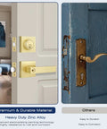 Comparison of Smooth Satin Brass Door Handleset With Single Cylinder Deadbolt on white door vs older handle on blue door