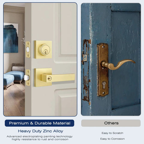 Comparison of Smooth Satin Brass Door Handleset With Single Cylinder Deadbolt on white door vs older handle on blue door
