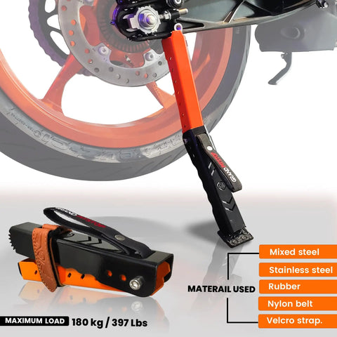 Portable Motorcycle Maintenance Stand With Adjustable Height Lift for chain cleaning and lubrication near rear motorcycle wheel.
