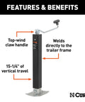 Front view of CURT 28570 weld-on heavy-duty trailer jack, 8,000-lb capacity, 15-1/4 in vertical travel, top-wind handle