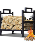 Beefy Heavy Duty Steel Firewood Rack For Indoor And Outdoor Use Log Holder with logs and fire icon, durable black powder-coated steel