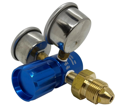Blue aluminum argon regulator, angled side view with brass fittings and chrome gauge caps