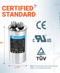 UL Certified 25uF Round Motor Run Capacitor For 370V Or 440V AC, 1.77x3.55 inch design, CE and TUV certified.