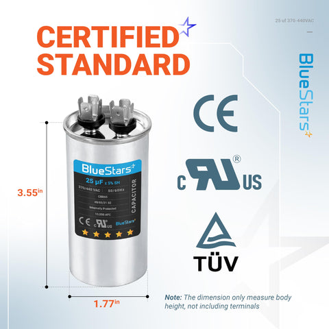 UL Certified 25uF Round Motor Run Capacitor For 370V Or 440V AC, 1.77x3.55 inch design, CE and TUV certified.