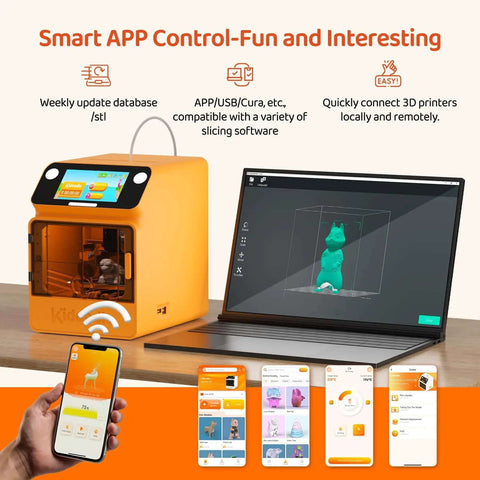 Kid Safe Mini 3D Printer With Enclosed Design, One Click Printing, WiFi And App Control displayed with tablet and smartphone interfaces