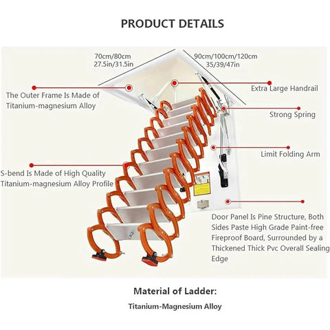 Heavy Duty Electric Pull Down Attic Stairs Folding Loft Ladder with titanium-magnesium alloy, extra large handrail, detailed specs.