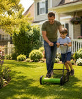 12 Inch Manual Reel Lawn Mower With 5 Blade Cutting System And Grass Catcher Bag, No Gas Or Electricity Needed, Lightweight Hand Push Grass Cutter For Small Yards And Gardens, Adjustable Height For Neat Eco Friendly Lawn Care, father and child pushing