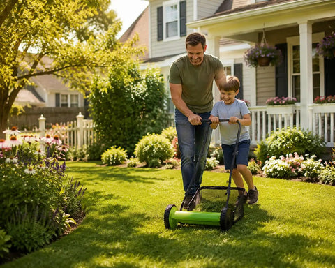 12 Inch Manual Reel Lawn Mower With 5 Blade Cutting System And Grass Catcher Bag, No Gas Or Electricity Needed, Lightweight Hand Push Grass Cutter For Small Yards And Gardens, Adjustable Height For Neat Eco Friendly Lawn Care, father and child pushing