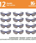 Twelve pairs of Nemesis V30 Safety Glasses with smoke anti-fog lenses and blue metallic frames, unisex eyewear for outdoor jobs.