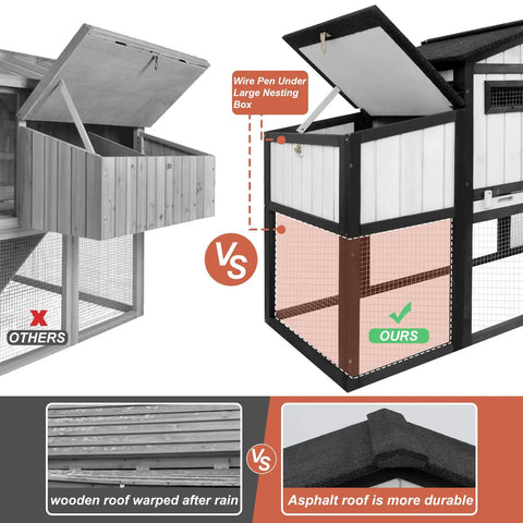 Comparison of two coops showing wire pen and asphalt roof of 65.3 Inch Long Wooden Chicken Coop And Run For One To Two Chickens
