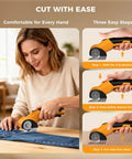 Heavy Duty Cordless Electric Scissors With Led Light Rechargeable Rotary Cutter For Cardboard Fabric Leather Carpet Plastic High Speed Safety Lock 4V Battery Power Hand Tool, woman cutting denim.