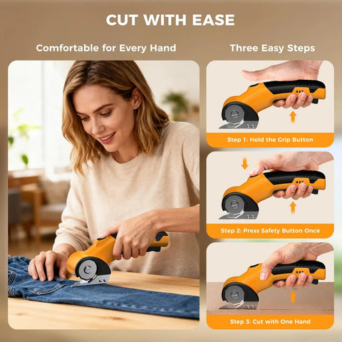 Heavy Duty Cordless Electric Scissors With Led Light Rechargeable Rotary Cutter For Cardboard Fabric Leather Carpet Plastic High Speed Safety Lock 4V Battery Power Hand Tool, woman cutting denim.