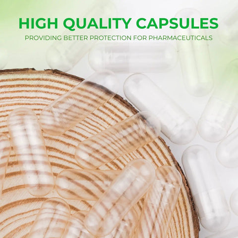 Size 0 Empty Vegan Capsules Kit for DIY Supplements Clear Plant Based Caps on wood