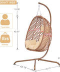 Cozy Hexagon Rattan Egg Swing Chair With Stand For Home And Outdoor Chill Wicker Hammock Lounge Chair With Cushion Sturdy 350 Lbs Capacity Beige Comfort, showing size dimensions and sturdy stand.