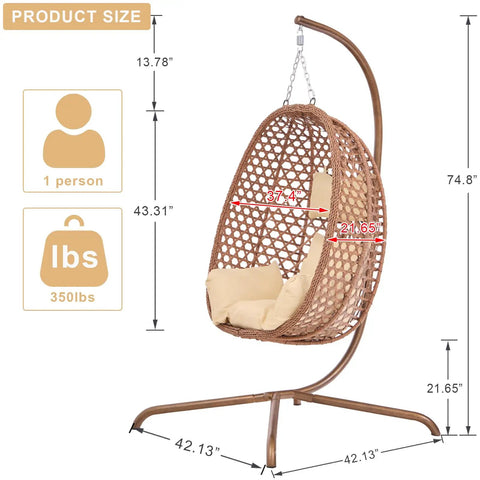 Cozy Hexagon Rattan Egg Swing Chair With Stand For Home And Outdoor Chill Wicker Hammock Lounge Chair With Cushion Sturdy 350 Lbs Capacity Beige Comfort, showing size dimensions and sturdy stand.