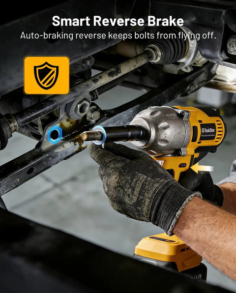 Half Inch Cordless Impact Wrench With Brushless Motor 1032 Foot Pounds Beefy Torque 1400 Newton Meters Electric Impact Driver Kit in use on machinery