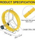 Beefy Heavy Duty Fiberglass Duct Rodder 8mm By 150m 492ft With Wheel Stand, yellow rod on metal frame with size details.