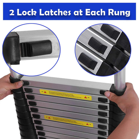 Telescoping Aluminum Ladder 20.3Ft Extension With Detachable Hooks EN131 Standard 330 Lb Load Capacity Adjustable Height In 15.7 Inch Increments Lightweight Built Like a Beast Portable Home Use Step Ladder For Ceiling Lights Painting And Hanging Decor close-up of rung lock latches