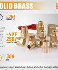 Front view of 105-piece brass pipe fittings kit with red ball valve and NPT adapters