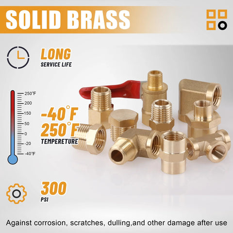 Front view of 105-piece brass pipe fittings kit with red ball valve and NPT adapters