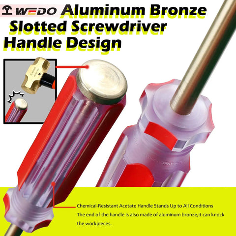 Close-up of Non Sparking Slotted Screwdriver Aluminum Bronze Die Forged 178mm 7 Inch 5mm Tip With Ergonomic Grip Handle and strike cap