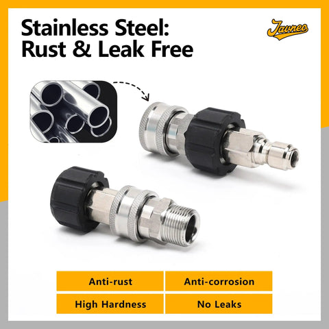 Built Tough Stainless Steel Pressure Washer Quick Connect Kit Four Pack M22 To Fourteen Millimeter Male To Three Eighths Inch Quick Connect Couplers Swivel Adapters with rust-free design