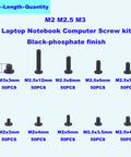 Premium Quality 500 Piece Metric Flat Head Laptop Screw Assortment Kit Providing Ten Essential Sizes displayed with sizes and quantities.