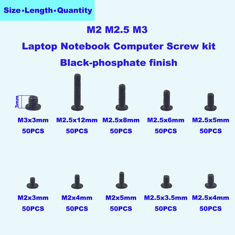 Premium Quality 500 Piece Metric Flat Head Laptop Screw Assortment Kit Providing Ten Essential Sizes displayed with sizes and quantities.