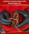 Genuine Leather Dagger Holster with Adjustable Lace Up Closure shown in hands, highlighting rawhide cow leather craftsmanship