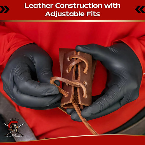 Genuine Leather Dagger Holster with Adjustable Lace Up Closure shown in hands, highlighting rawhide cow leather craftsmanship