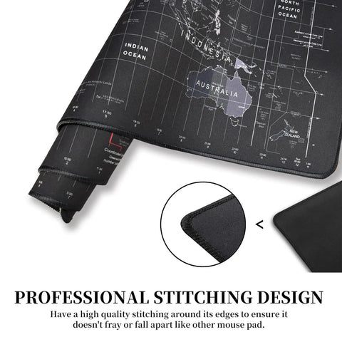 Close-up of World Map Large Gaming Mouse Pad With Anti Slip Rubber Base Extended XXL Desk Mat showing stitching detail.