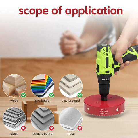 Six Point Five Inch Hole Saw With 30 Mm Cutting Depth HSS Bi Metal Pro Grade for wood, plastic, and drywall on drill in use