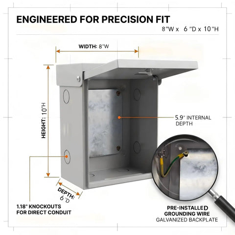 Heavy Duty Metal Outdoor Electrical Box Featuring Rock Solid Construction And Hella Secure Resettable Combo Lock For Effortless IP66 Waterproof Wiring Protection, dimensions shown.