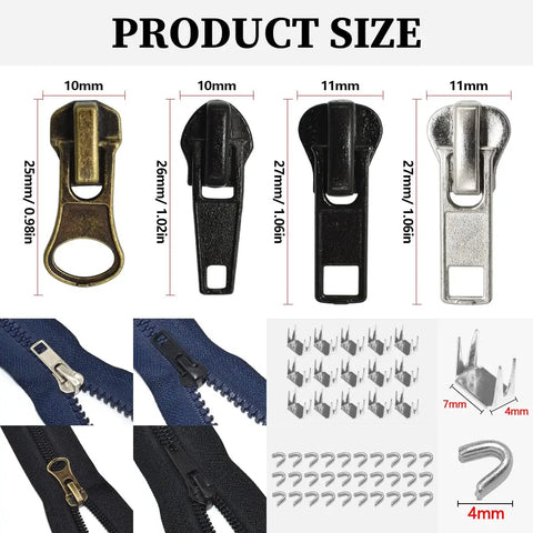 24Pcs Zipper Sliders Replacement Kit With Stops For Metal Plastic Nylon Coil Jackets Sizes 5 And 7, Easy Fix Quick Repair Pack For Broken Zippers, Durable Black And Brown Sliders, Top And Bottom Stops Included showing product size and components.