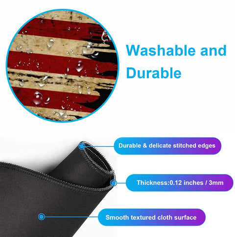 Close-up of Large Extended Gaming Mouse Pad with stitched edges, non-slip rubber base, antique flag design, waterproof surface, 35.4 x 15.7 inches.