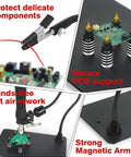 All In One Soldering Station With 5x Magnetic Magnifying Lamp And Heavy Duty Work Station For Electronics Repair And Jewelry Making DIY Model Building With Four Solder Arms And Four PCB Holders, showcasing magnetic arms supporting PCB components.