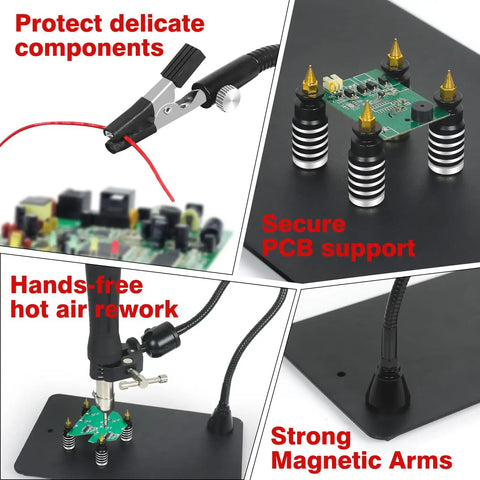 All In One Soldering Station With 5x Magnetic Magnifying Lamp And Heavy Duty Work Station For Electronics Repair And Jewelry Making DIY Model Building With Four Solder Arms And Four PCB Holders, showcasing magnetic arms supporting PCB components.